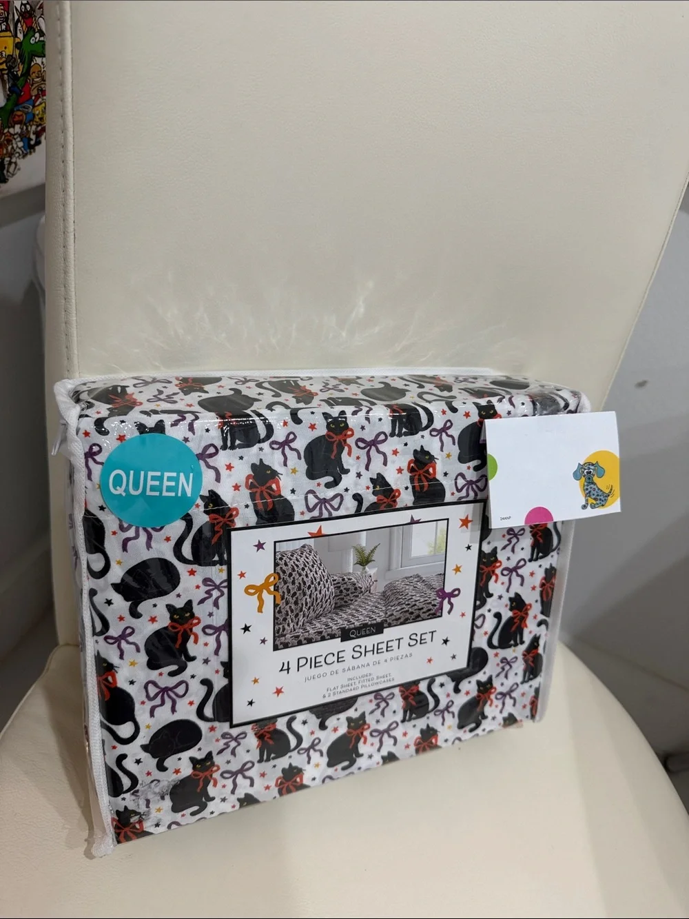 Halloween White//Purple/Orange Black Cats/Stars/Bows Queen Sheet Set